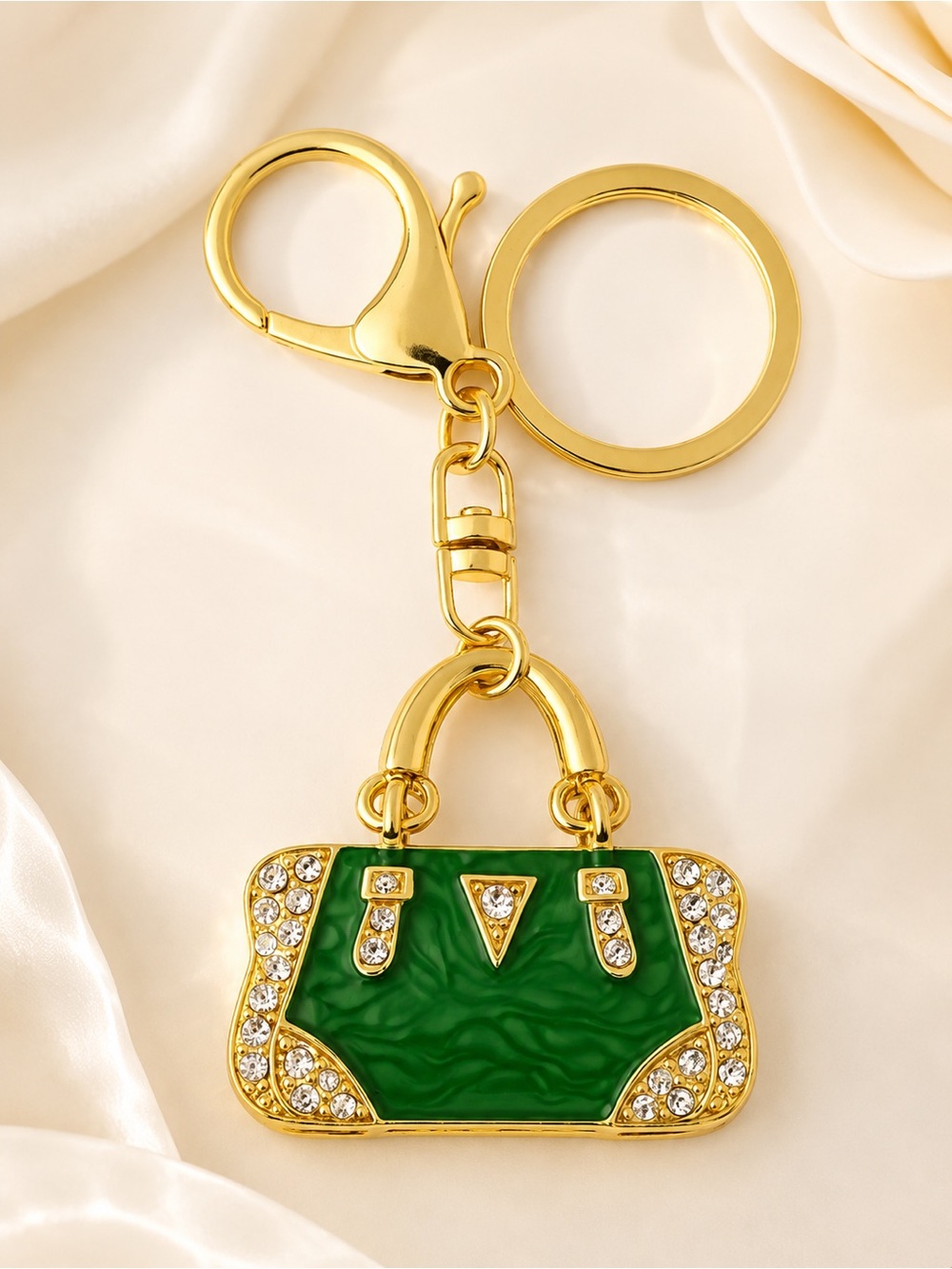 Green Rhinestone Purse Bag Charm Keychain Gold Handbag Charm Crystal Key Ring